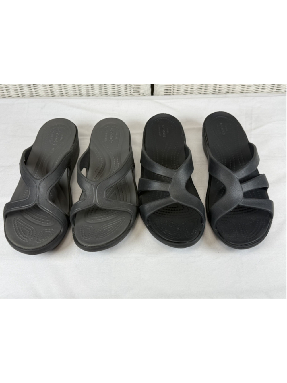 Lot of 2 Crocs Women’s 8 Sanrah Dual Comfort Wedge Slide Sandals Black Gray
